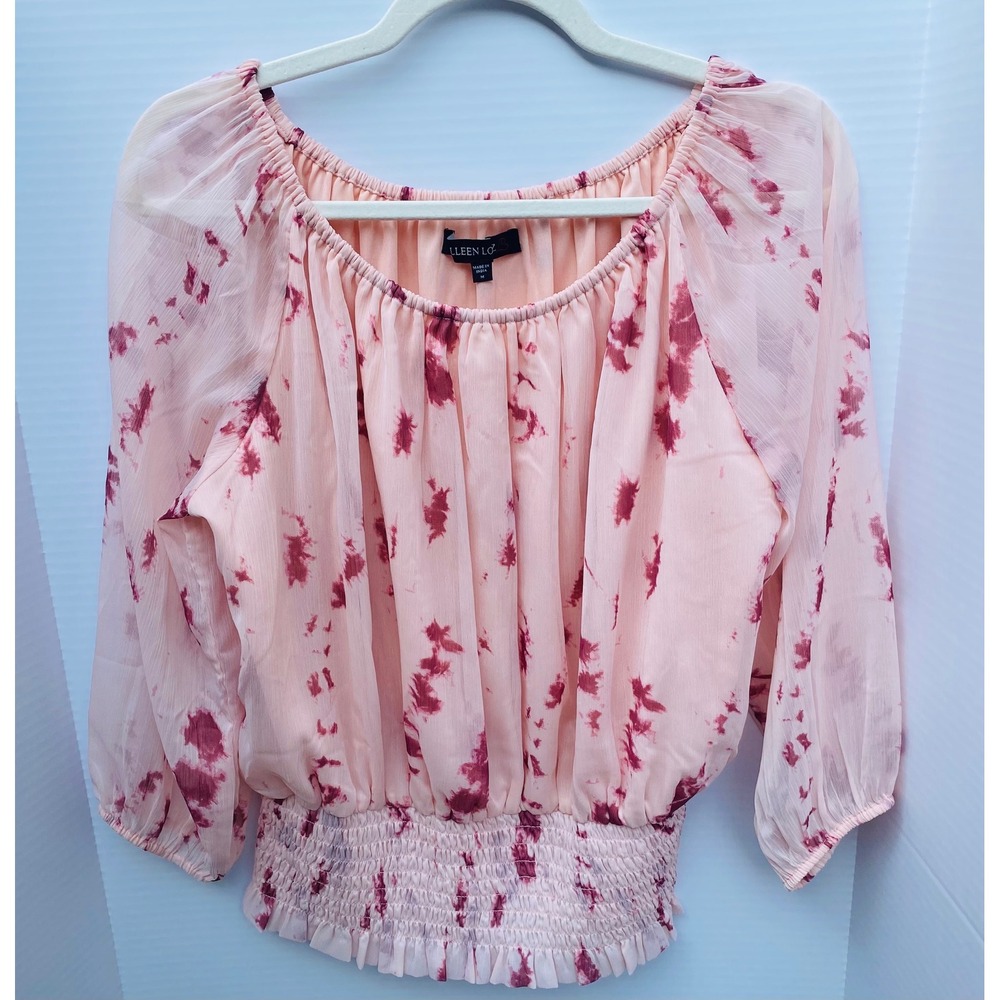 Colleen Lopez Pink Tie Dye Chiffon Peasant Blouse Smocked Waist Top Medium
